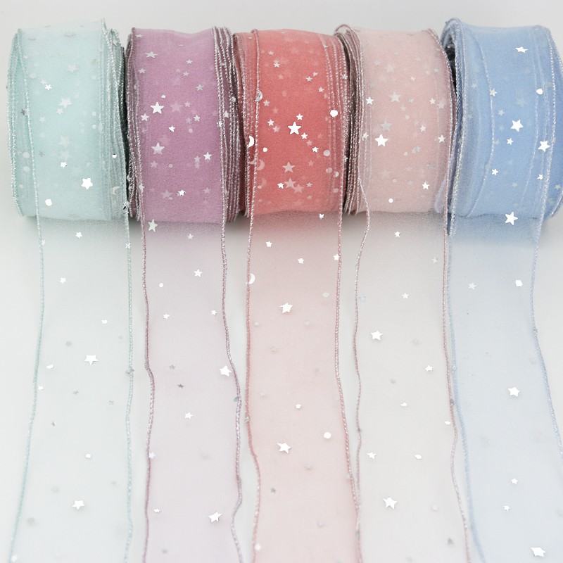 Cuộn Dây Ruy Băng Vải Organza Dài 55mm Rộng 5 Yards Họa Tiết Ngôi Sao Dùng Trang Trí Quần Áo DIY