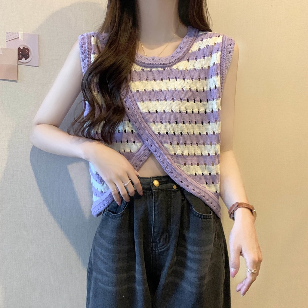 Jiashucheng Áo Sweater Sát Nách Vải Lụa Lạnh Mỏng Phối Dây Đan Chéo Thời Trang Mùa Hè Cho Nữ