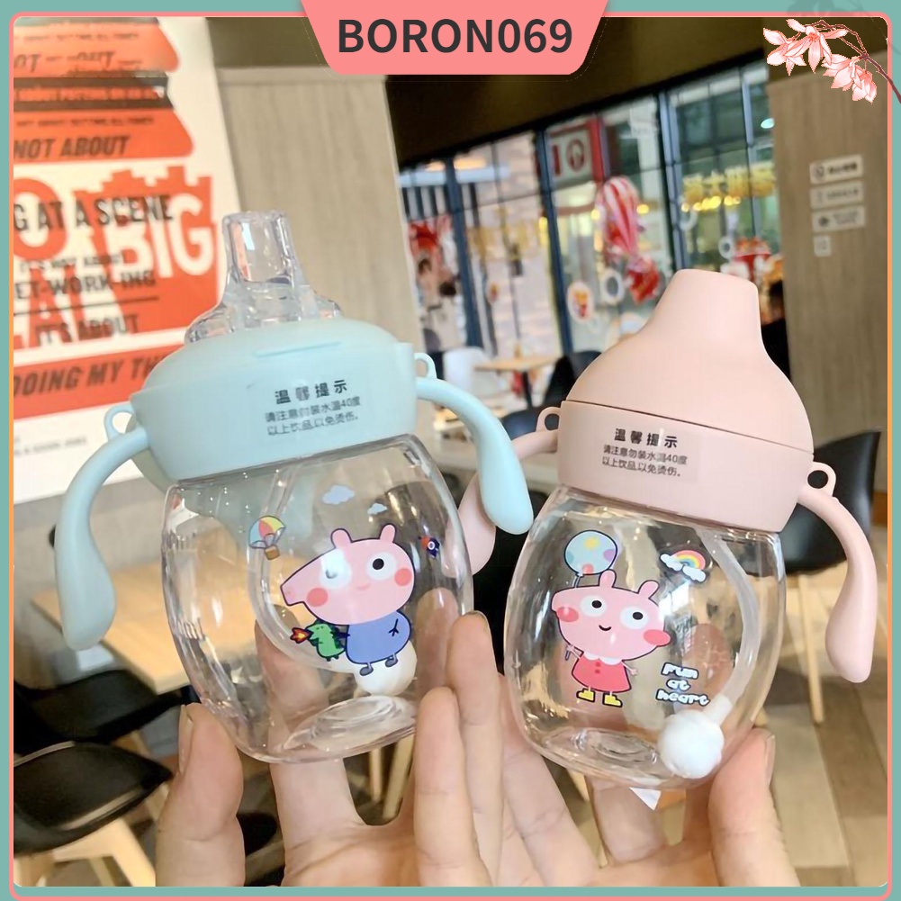 Bình nước Tay cầm đôi Cốc rơm bằng nhựa 350ml có dây đeo cho trẻ em Trẻ sơ sinh Boron069