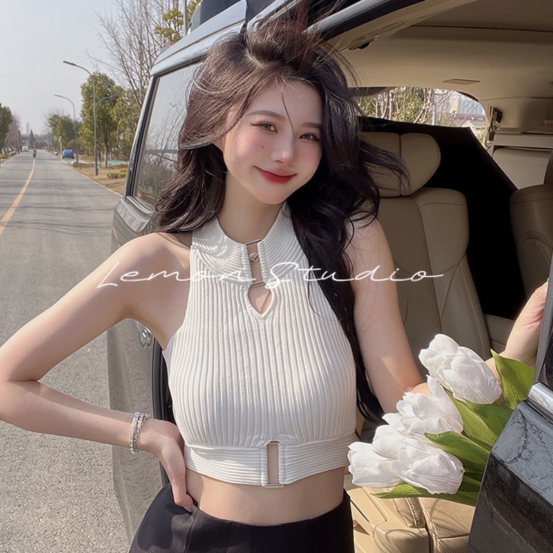 Lemon studio Áo Croptop Hai Dây Dệt Kim Màu Trơn Thời Trang Dành Cho Nữ 90069