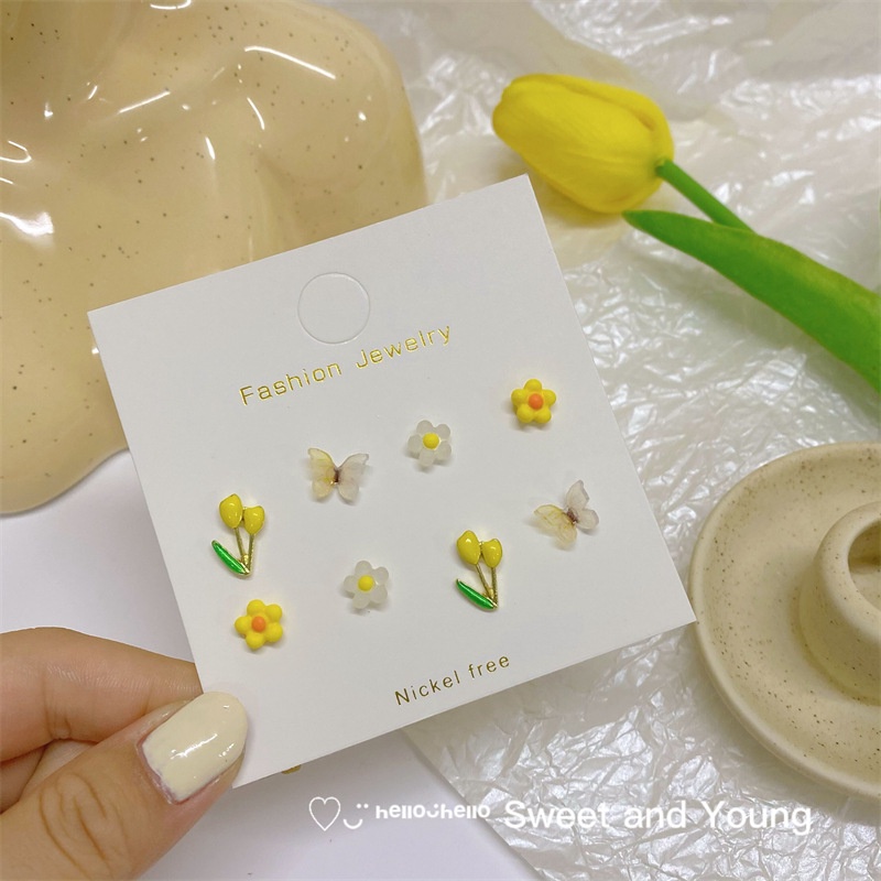Set hoa tai MANYUE mạ bạc 925 hình hoa tulip/ bướm đơn giản thời trang