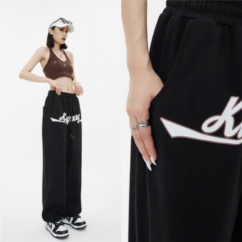 Quần Dài Ống Rộng Lưng Thun Rút Dây In Chữ Phong Cách Hàn Quốc Thời Trang Cho Nam Và Nữ