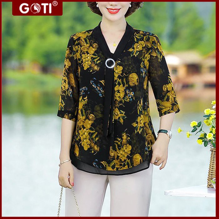 GOTI - Áo Trung Niên Kiểu Nữ Cổ Thắt Nơ Dáng Suông Vải Voan 2 Lớp Tặng Mẹ U50 U60 3A20 3A08 3A14