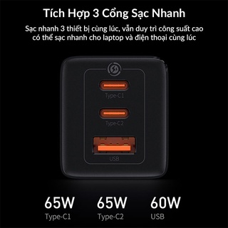 |Phiên Bản 2021| Bộ Sạc Nhanh 65W BASEUS GaN3 Pro Sạc Cho Laptop, Macbook, iPad, iPhone, Samsung , Tặng Cáp Type C 100W
