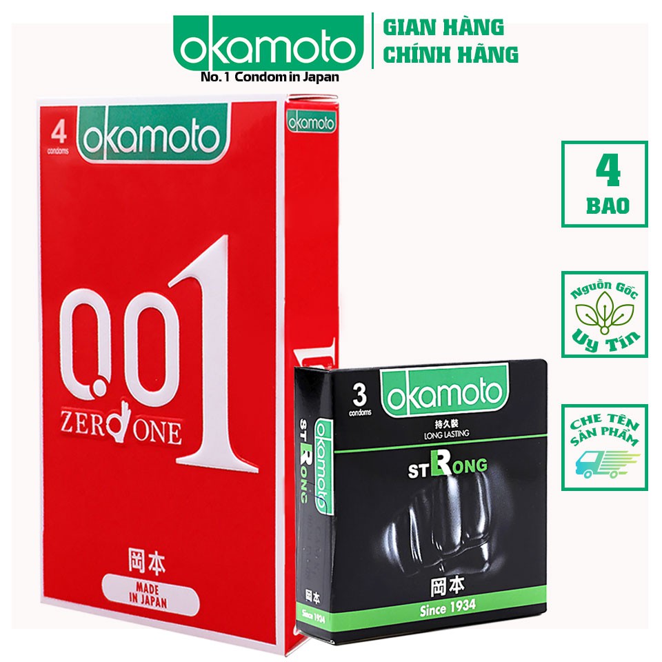 [ Combo 0.01 4 Cái + 1 hộp Strong Kéo Dài Thời Gian ] Bao Cao su Okamoto 0.01 PU Siêu mỏng Truyền Nhiệt Nhanh Hộp 4 Cái