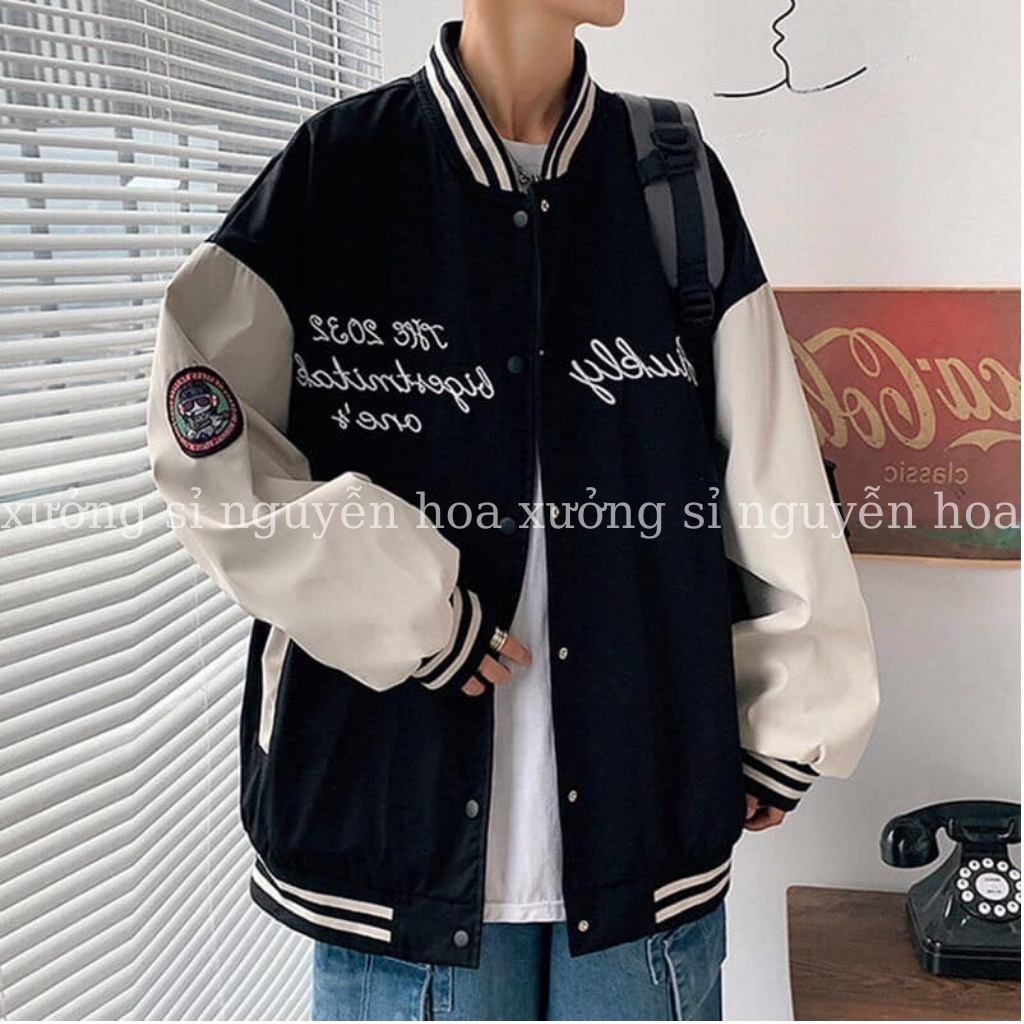 Áo bomber unisex áo khoác nỉ 2023 thêu chữ form rộng nam nữ mặc được phong cách hàn quốc Xưởng sỉ Nguyễn Hoa