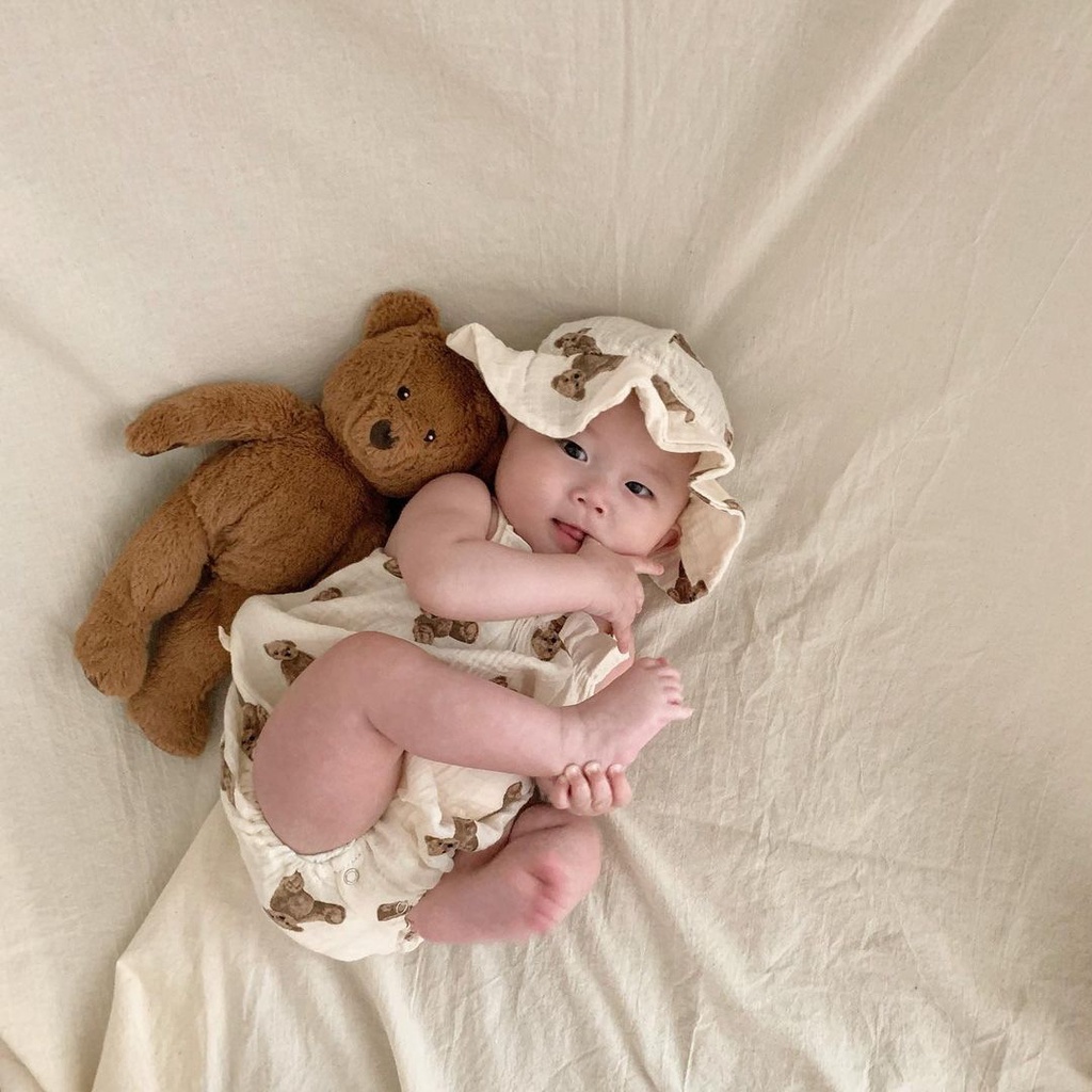 Bộ Áo Liền Quần Tam Giác Bằng Cotton In Họa Tiết Gấu Hoạt Hình + 1 Cái Nón Dễ Thương Dành Cho Bé Sơ Sinh