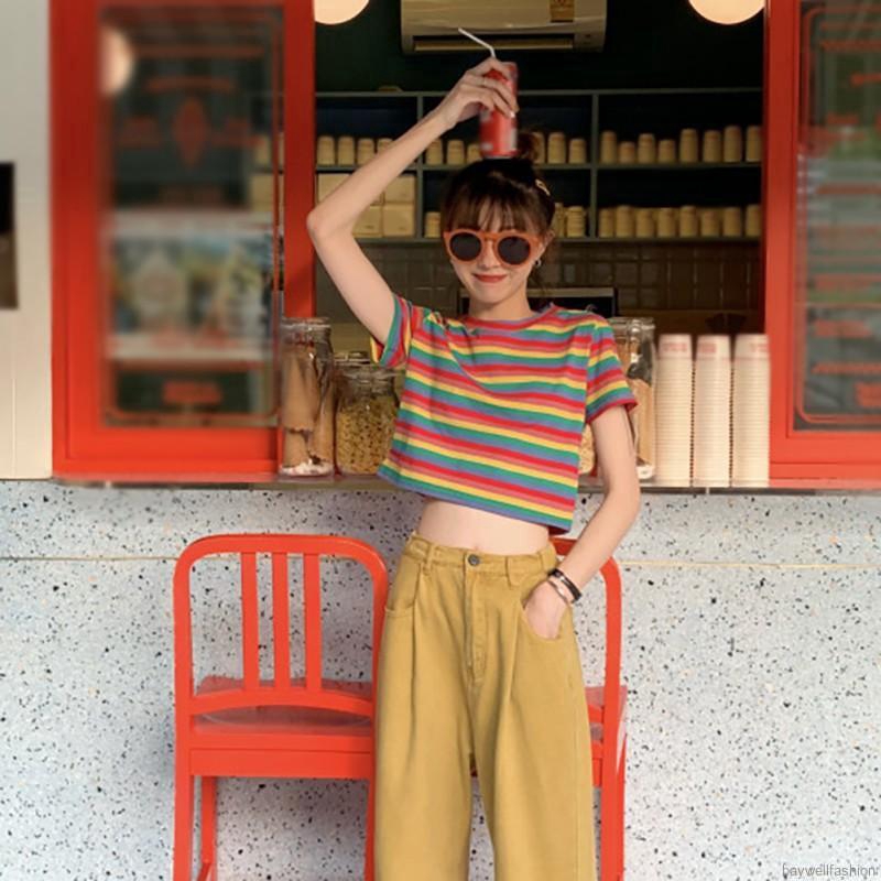 [Baywellfashion]Áo thun tay ngắn cổ tròn hoạ tiết kẻ sọc màu cầu vồng | BigBuy360 - bigbuy360.vn