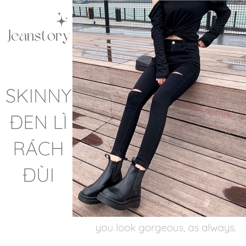 Quần Skinny Jeans Đen Lì Rách Đùi