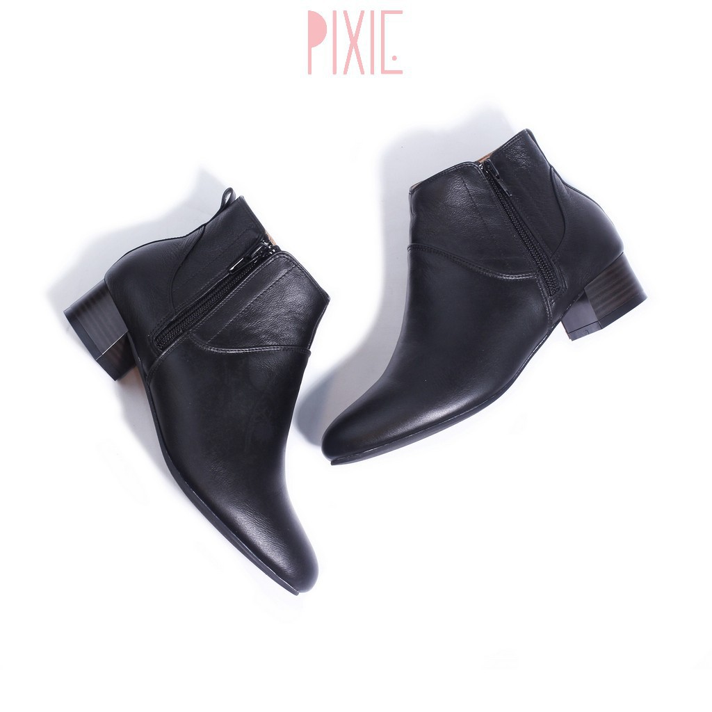Giày Boot Thấp 3cm Cổ Ngắn 2 Dây Kéo Da Bò Thật Màu Đen Beautynow P697