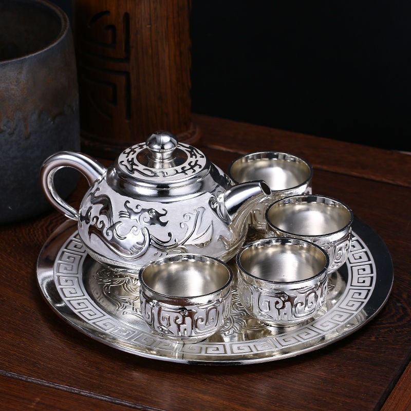 Bộ ấm trà bạc trắng Baifu 999 phong cách Trung Quốc 1 khay, ấm, 6 tách Châu Âu, retro, quà tặng miễn phí