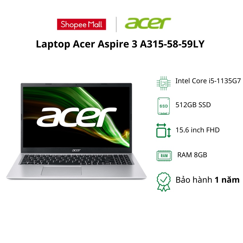 [TẶNG BALO] Laptop Acer Aspire 3 A315-58-59LY(NX.ADDSV.00G)/Silver/ Intel Core i5-1135G7/RAM 8GB/ 512GB SSD/15.6inch FHD