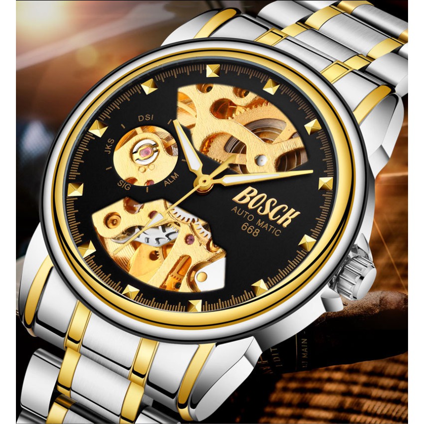 Đồng Hồ Nam máy cơ Automatic Bosck 668 Dây Thép Chống rĩ Chống Nước 3ATM