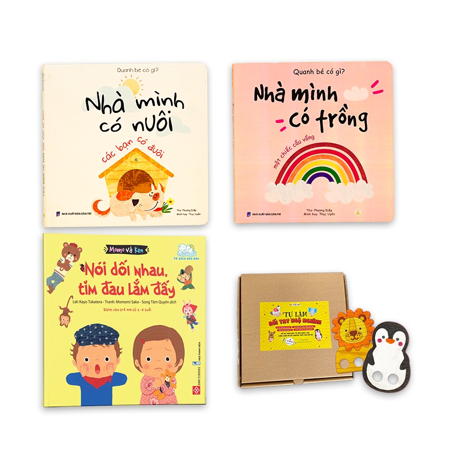 Hộp Háo Hức QUANH BÉ CÓ GÌ cho bé 0-3 tuổi: Đồ chơi gỗ Tự làm rối tay ngộ nghĩnh và 3 Sách thiếu nhi
