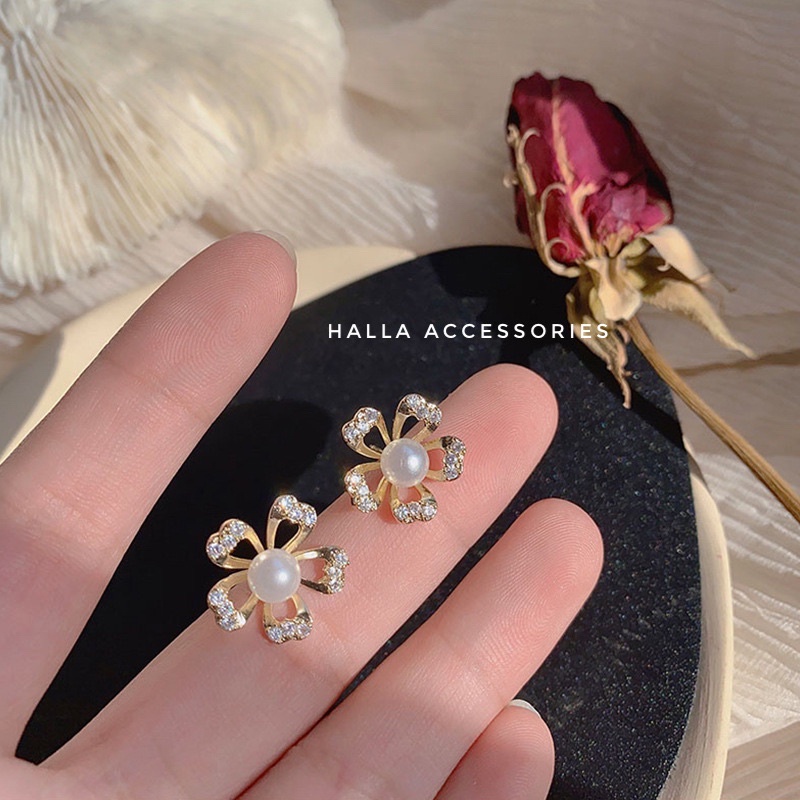 Khuyên tai chuôi bạc S925 Hình bông hoa đính đá HALLA BT141