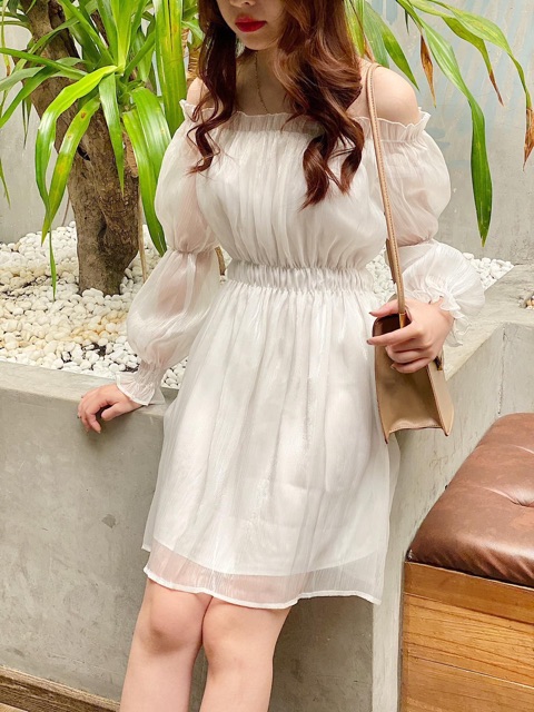 Đầm sheer trắng đen trễ vai bo eo | BigBuy360 - bigbuy360.vn