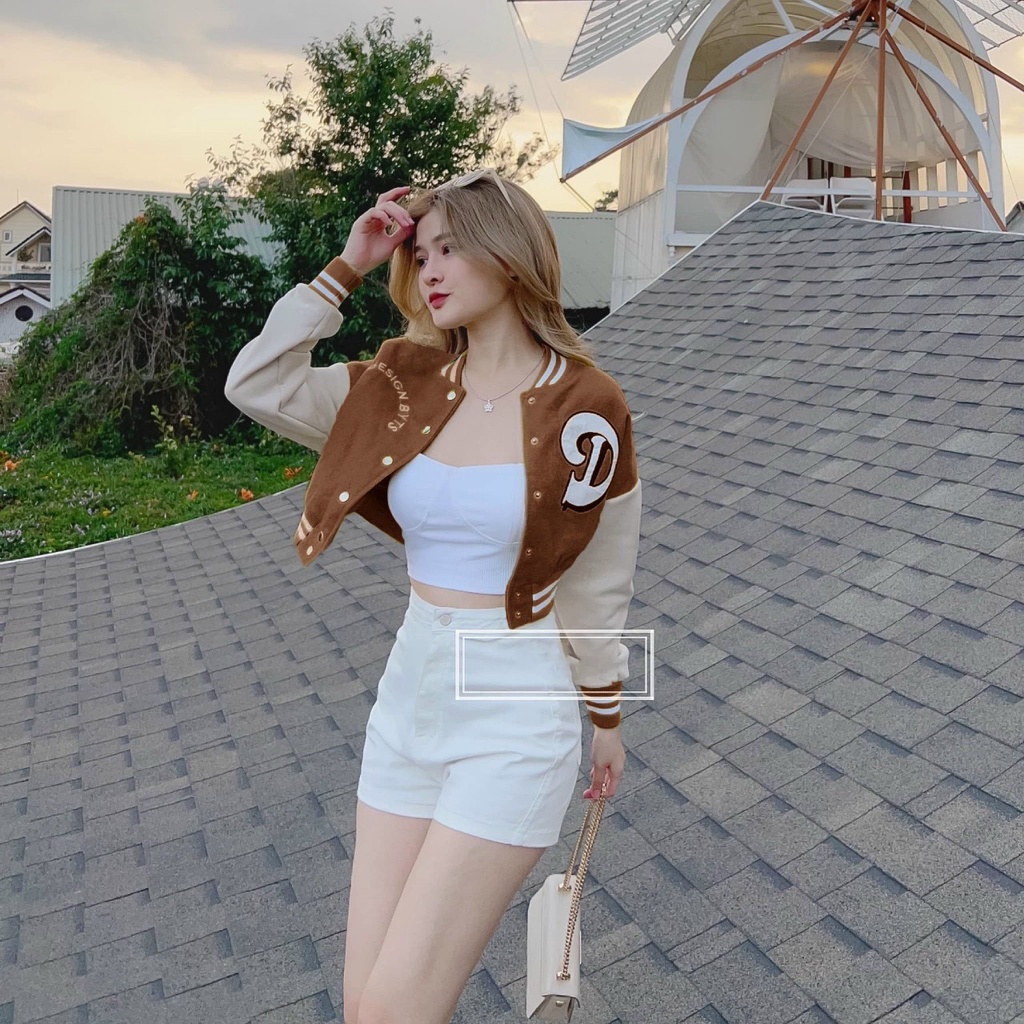Áo Khoác Bomber Nữ Kiểu Croptop Thêu Chữ D Nổi Bật Thời Trang