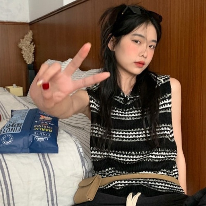 Áo Dệt Kim Không Tay Dáng Ôm Họa Tiết Kẻ Sọc Phong Cách Retro Mẫu Mới Thời Trang Mùa Hè Cho Nữ