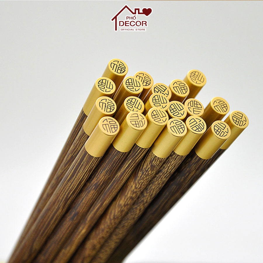 Đũa Thương Hiệu Phố Decor - Đũa Gỗ Cánh Gà Không Chất Bảo Quản Bọc Đầu Kim Loại Cao Cấp