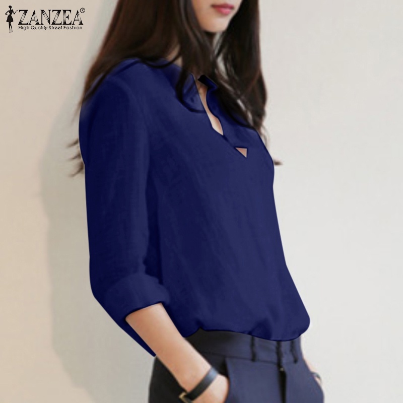 Áo sơ mi Zanzea tay dài cổ tròn màu trơn thời trang dành cho nữ