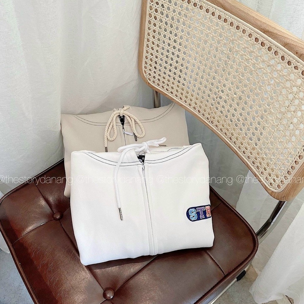 Áo khoác nỉ nam nữ STR hoodie full zip đen trắng kem form rộng bo gấu tay phồng hàn quốc áo khoác ulzzang