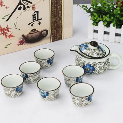 Bộ Ấm Trà Hoa Văn Cổ Nhật Bản - gốm 1 ấm trà kèm 6 ly uống trà