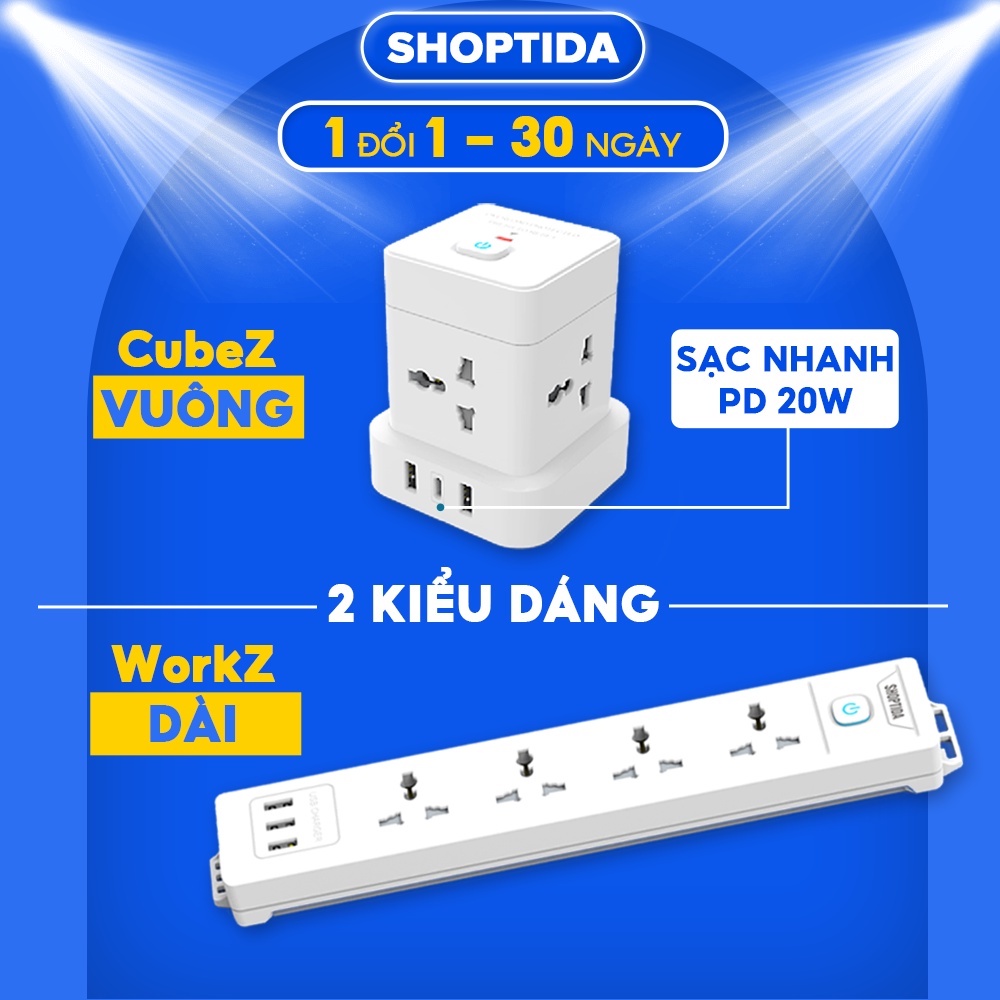 Ổ cắm điện đa năng shoptida có sạc nhanh PD 20W cổng USB + typeC, 4-6 lỗ cắm tải 2500W an toàn chống giật, chịu nhiệt