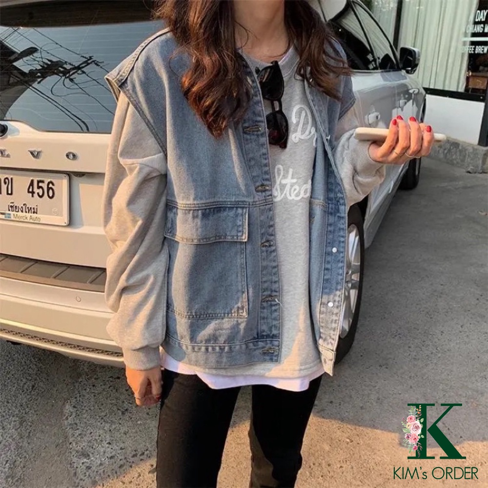 Áo khoác jean nữ màu xanh dáng rộng kiểu dáng denim jacket sát nách phong cách Ulzzang, đi học đi chơi dạo phố du lịch