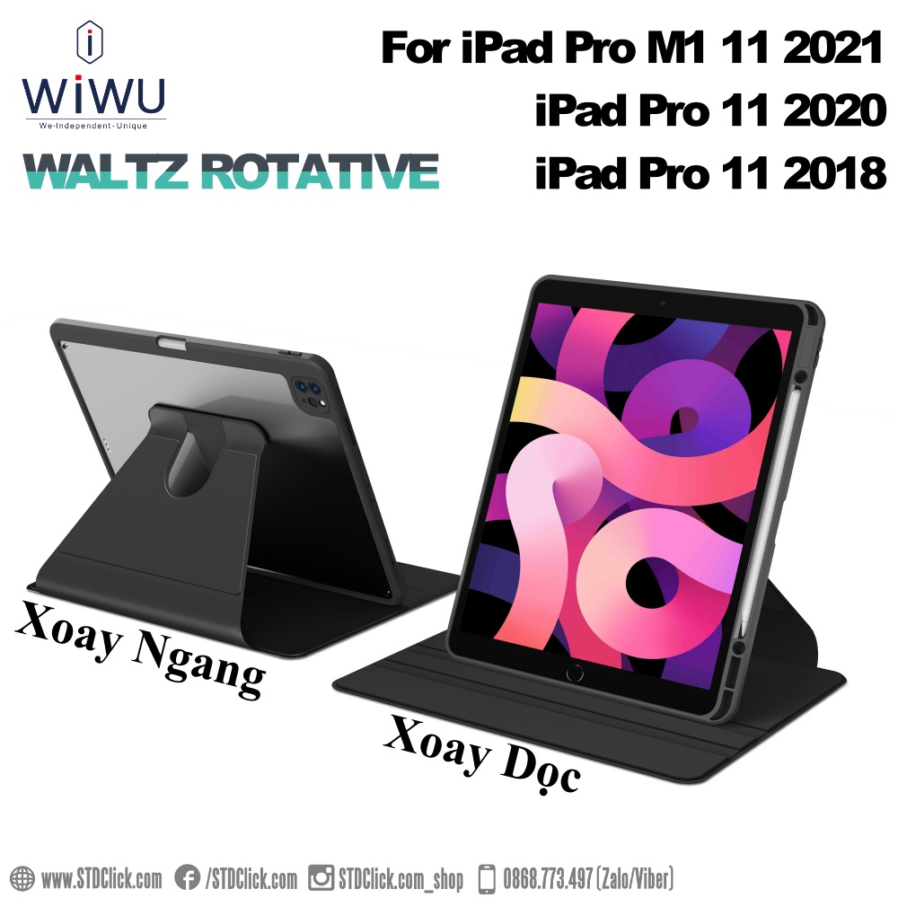BAO DA IPAD PRO 11 M1 2021 - 11 2020 - 11 2018 WIWU WALTZ ROTATIVE XOAY 360 CÓ KHE CẮM BÚT CHÍNH HÃNG NEW 100%