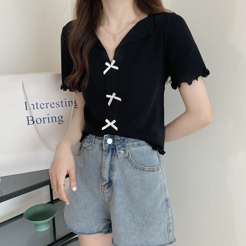 Áo thun dệt kim ngắn tay cổ chữ V dáng ôm phong cách mới thời trang mùa hè cho nữ họa tiết 3 nơ chất đẹp loại 1