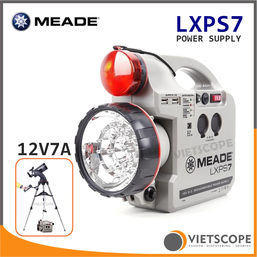Đèn pin đa năng MEADE LXPS7 kèm nguồn 12V7A dành cho kính thiên văn Meade Celestron cổng USB, DC 12V, kích bình ô tô