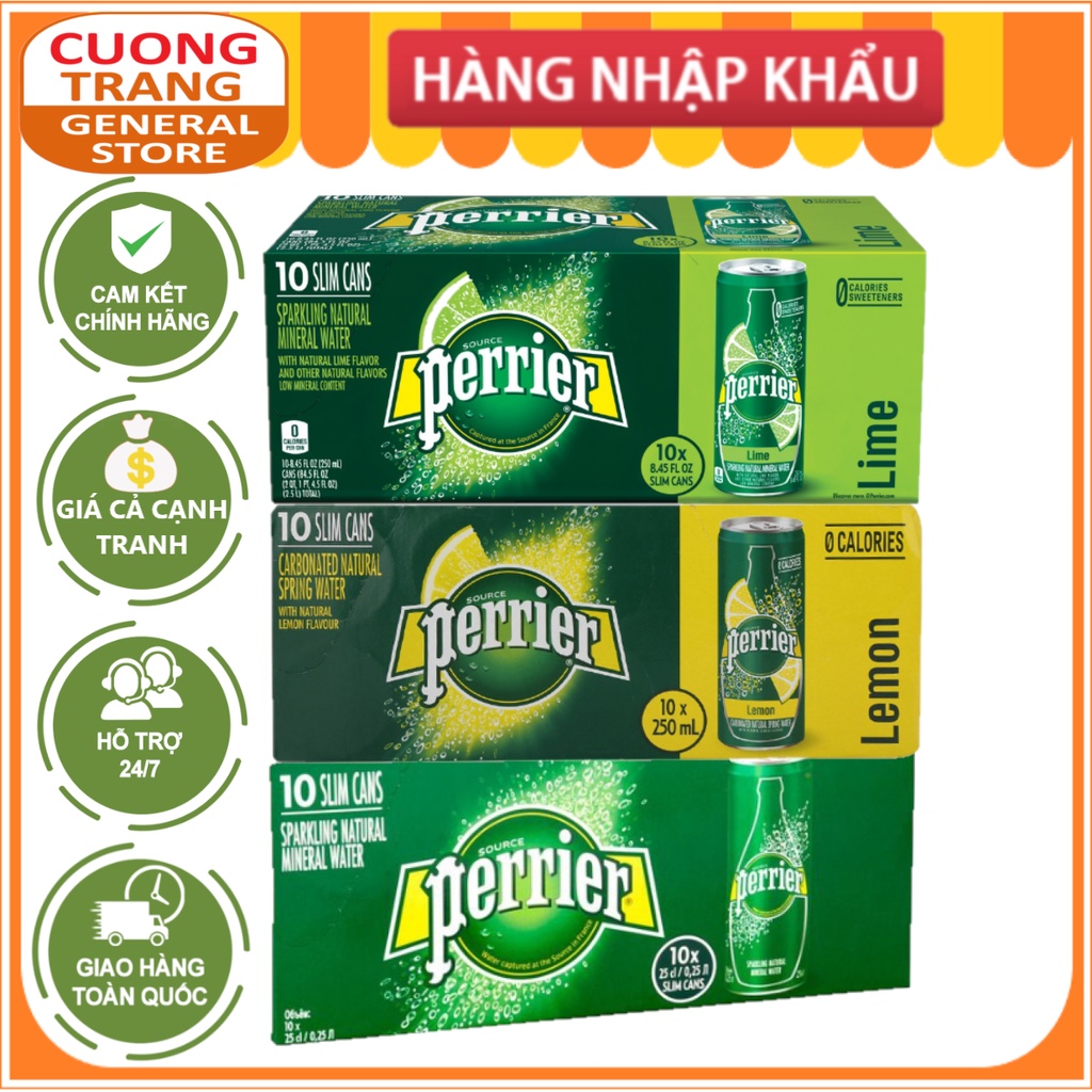 Nước giải khát sản xuất từ nước khoáng Perrier, hương chanh vàng, hương chanh xanh, hương đào 250ml