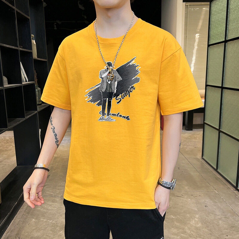 Áo Thun Cotton Tay Ngắn Cổ Tròn In Họa Tiết Trẻ Trung Phong Cách Hàn Quốc Cho Nam