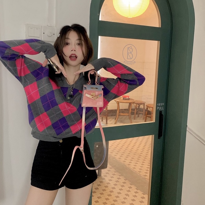 Áo len ZHELIHANGFEI dệt kim tay dài dáng rộng cổ polo họa tiết hình thoi dễ thương cho nữ