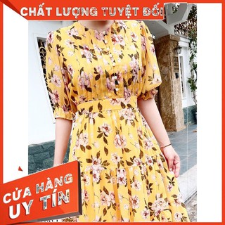 Váy hoa vàng thiết kế V1883 - Chuẩn Đẹp Shop DVC - Kèm ảnh thật trải sàn do shop tự chụp