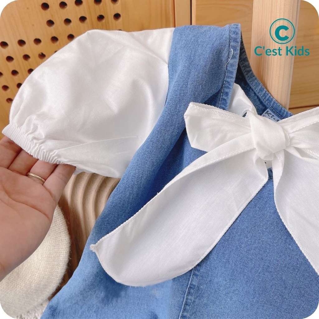 Váy bé gái, váy bò bé gái, váy jean phối tay phồng lên dáng xinh như công chúa Size nhí size trung size đại