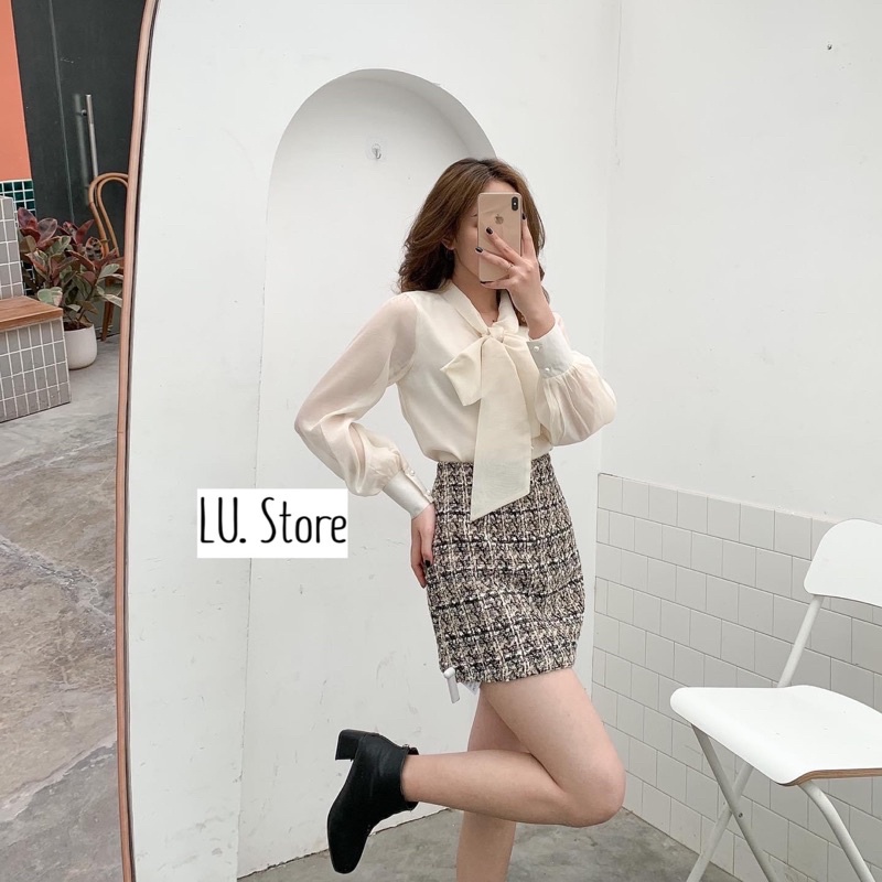 Áo Sơ Mi Nữ Voan trắng kiểu Organza buộc nơ tay phồng thiết kế dáng suông tiểu thư đẹp trẻ trung cúc ngọc Hàg Quảng Châu | BigBuy360 - bigbuy360.vn