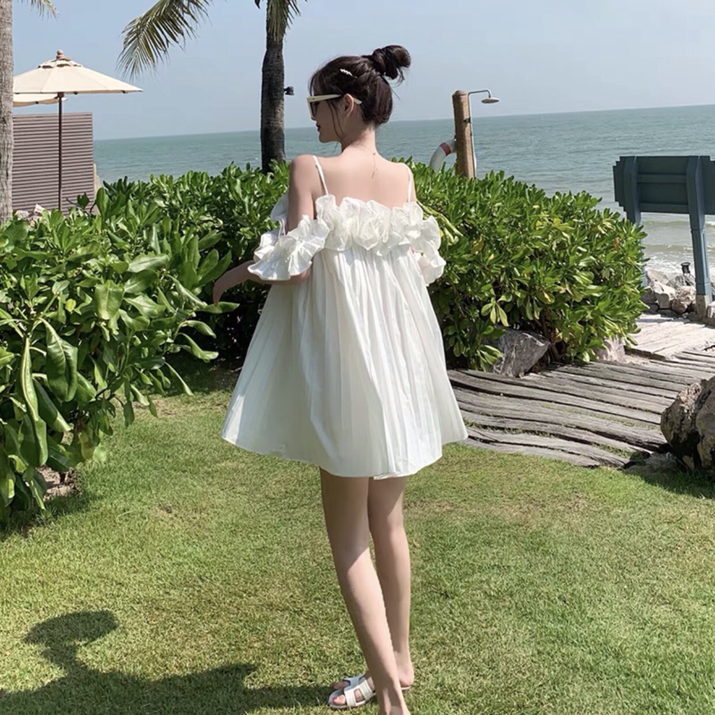 Đầm Nữ Trắng Trễ Vai Phối Bèo Dập Ly - Váy Nữ 2 Dây Dáng Xoè Xếp Li Tiểu Thư Ulzzang