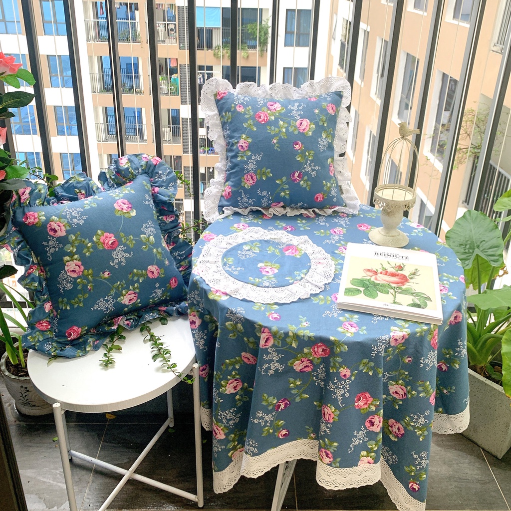 COMBO KHĂN TRẢI BÀN + VỎ GỐI REN + TẤM LÓT REN họa tiết hoa siêu đẹp, sang trọng, nhã nhặn Landecor mã TB547