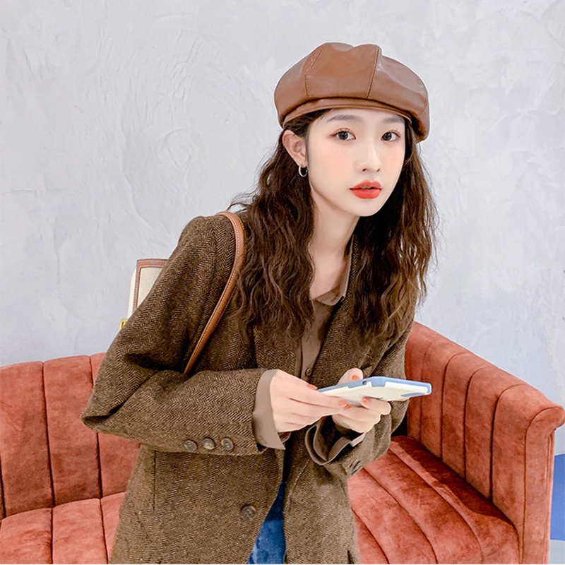 Mũ nồi bằng da PU thời trang xuân thu nhiều màu tùy chọn dành cho bạn nữ