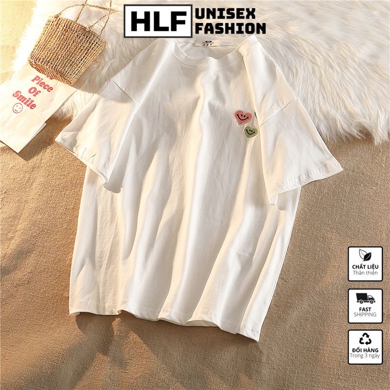 Áo phông nữ form rộng thêu hình trái tim, áo thun nữ tay lỡ HLFashion