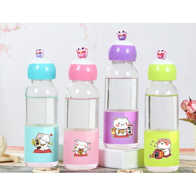 Bình nước mèo may mắn lá cây 400ml BNCI5 thuỷ tinh bình nước maneki neko cute chai nước dễ thương