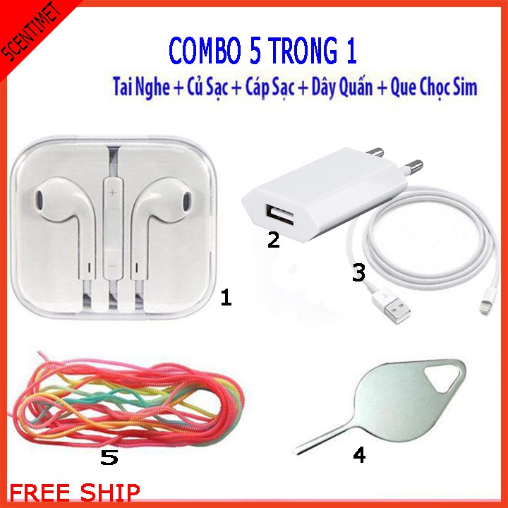 [COMBO 5 MÓN FREE SHIP] Đầy đủ phụ kiện dành cho IPHONE CỦ SẠC+CÁP SẠC+TAI NGHE+DÂY CUỐN +QUE SIM 5centimet