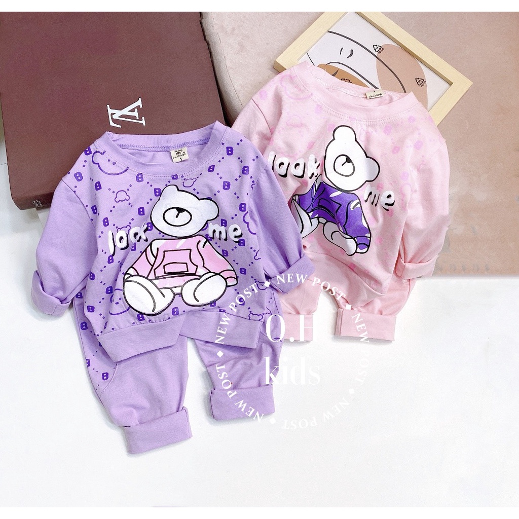 Bộ dài tay cho bé cotton thu đông, co dãn 4 chiều cho bé gái hình Gấu K034