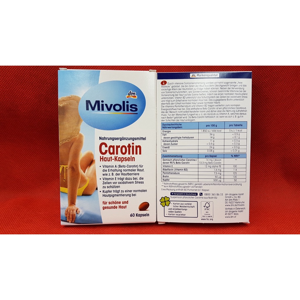 Chống nắng Carotin Mivolis hộp 60 viên của Đức