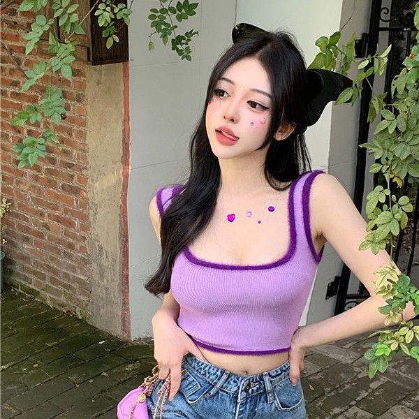 Áo Hai Dây Dệt Kim Vải Lông Dáng Ôm Thời Trang Quyến Rũ Cho Nữ