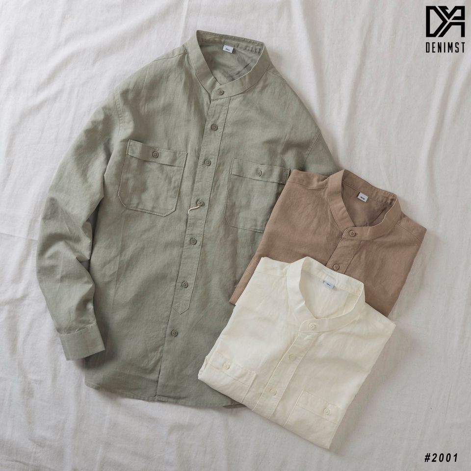 Áo sơ mi nam cổ trụ dài tay DENIMST vải đũi thoáng mát,mềm mại, form regular fit 2001