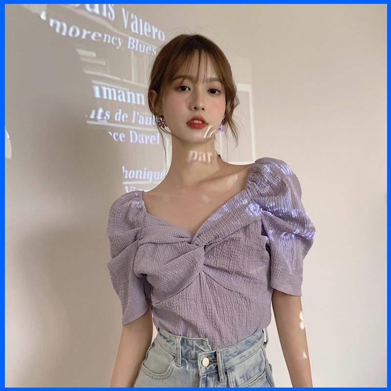 áo khoác croptop nữ bigsize cardigan croptop Áo sơ mi màu tím xếp ly cổ chữ V phong cách phương tây Hàn Quốc áo xương đòn mẫu ngắn thích hợp thiết kế cho nữ mới mùa hè 2020