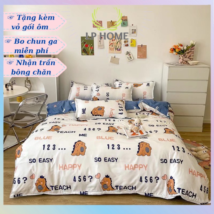 Bộ chăn ga gối Poly Hàn Quốc Khủng long tập đếm (Tặng vỏ gối ôm) - Miễn phí bo chun