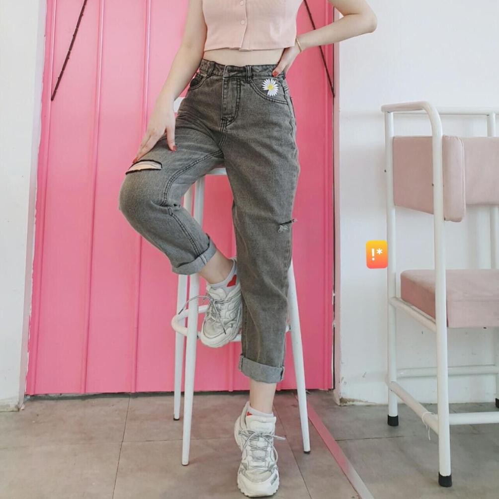 Quần Baggy Xám Thêu Cúc 2 mẫu Trơn và Rách - 406